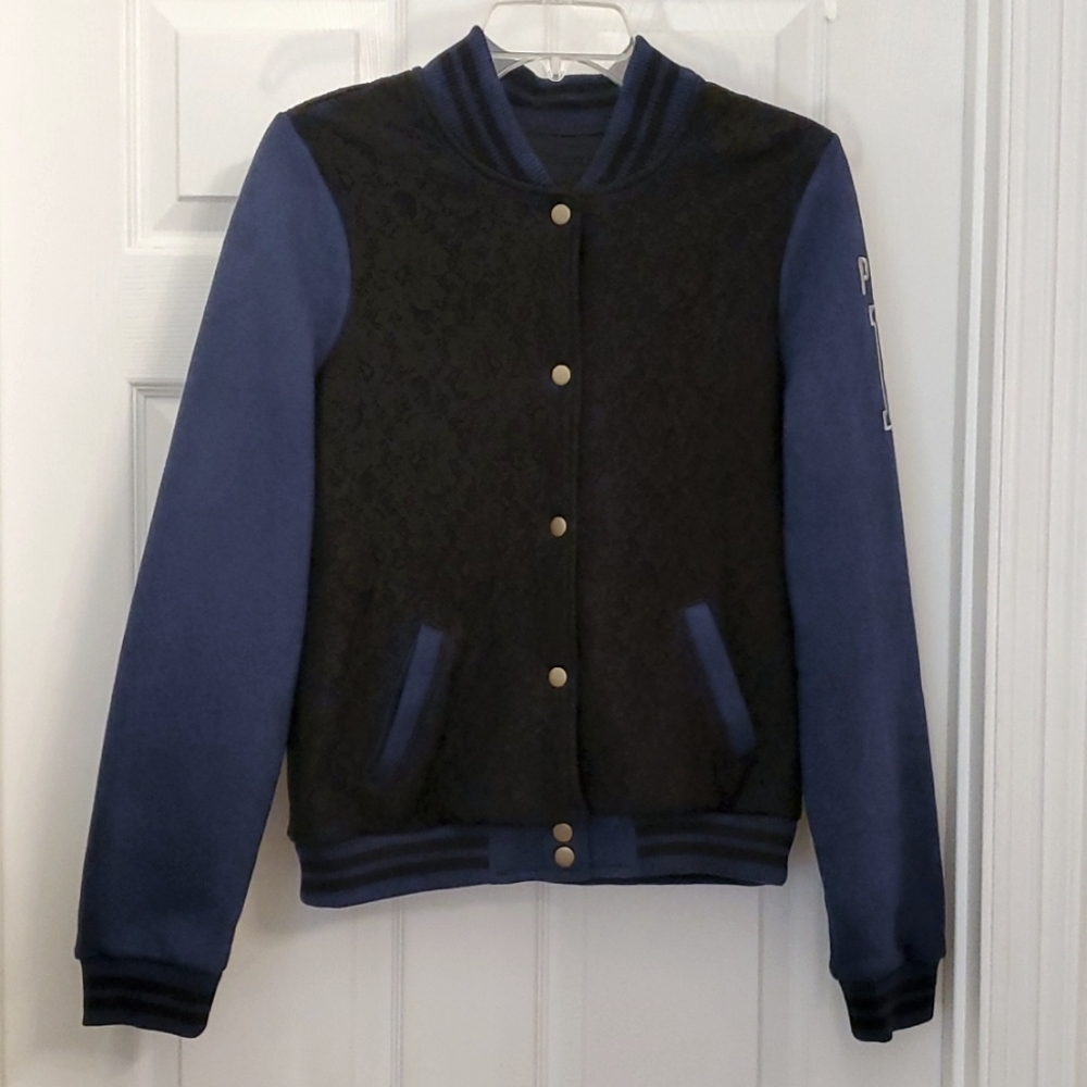 Victorias Secret PINK Limited Edition Varsity Jacket Blue with Black Lace Small
